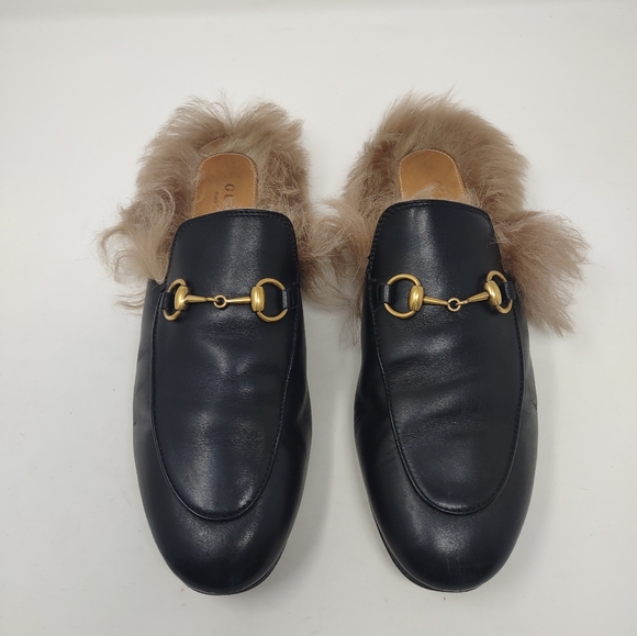 Gucci 37 Princetown fur black leather mules loafers slippers GG - Picture 5 of 16